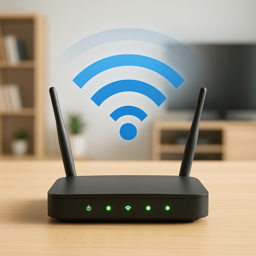 Modern Wi-Fi router providing wireless internet in a home office